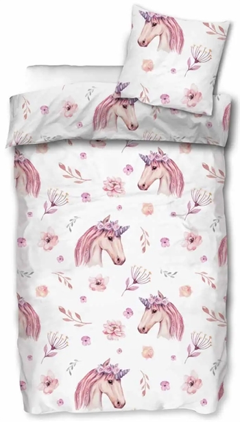 Se Junior sengetøj 100x140 cm - Enhjørning med blomster - 2 i 1 design - 100% bomuld børne sengesæt hos Dynezonen.dk